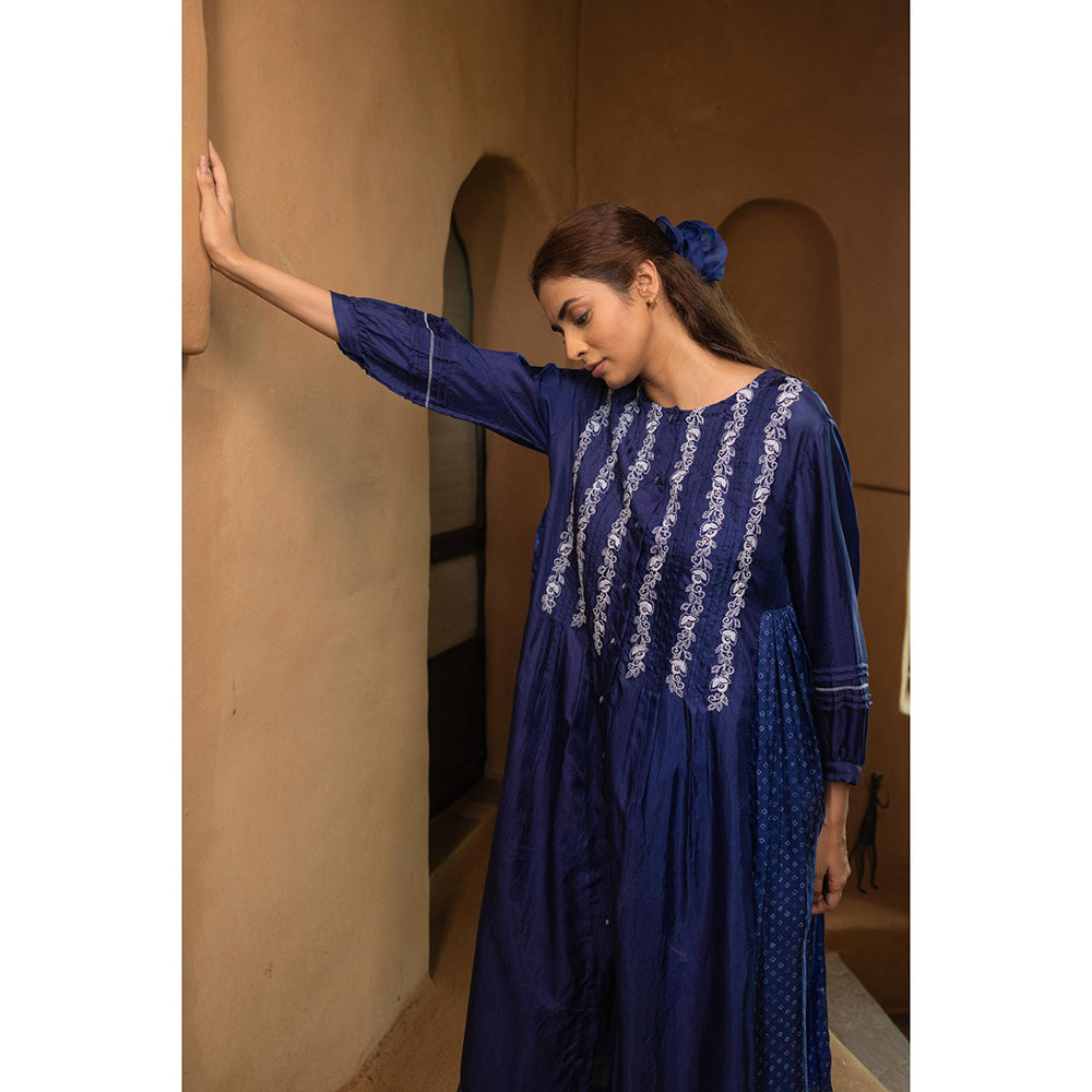 AYAKA Osho Blue Front Open Pintuck Dress