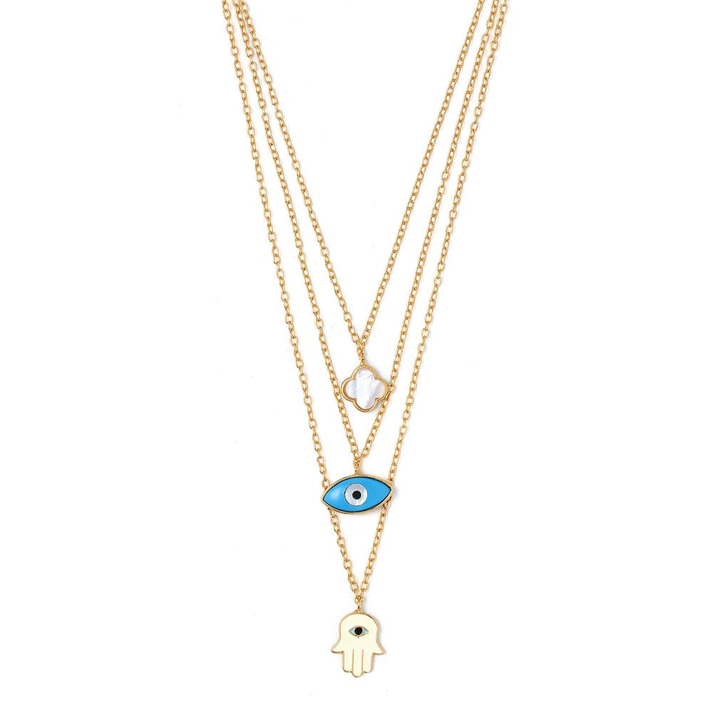 AZGA Blue Multi Layer Neckchain / Hamsa, Clover, Evil Eye