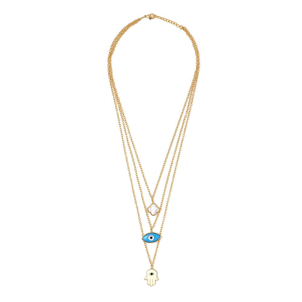 AZGA Blue Multi Layer Neckchain / Hamsa, Clover, Evil Eye