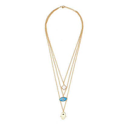 AZGA Blue Multi Layer Neckchain / Hamsa, Clover, Evil Eye