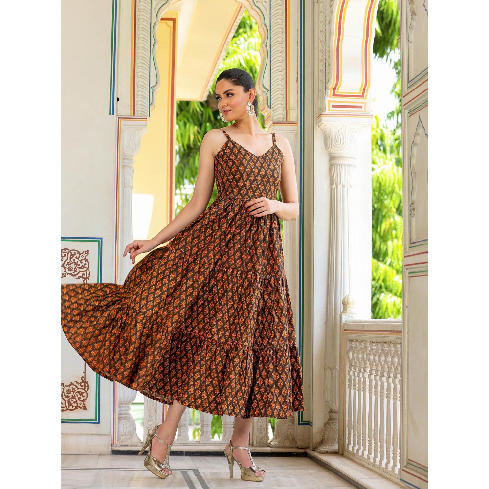 Bannhi by Priyanka Rathore Walnut Floral Printed Cotton Dress