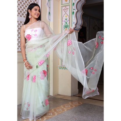 Bannhi by Priyanka Rathore Pushti Hand Painted Organza Saree without Blouse