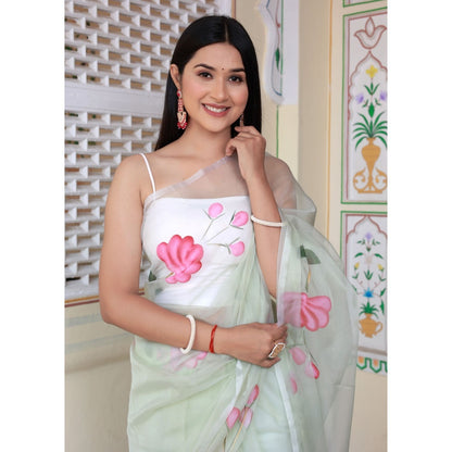 Bannhi by Priyanka Rathore Pushti Hand Painted Organza Saree without Blouse