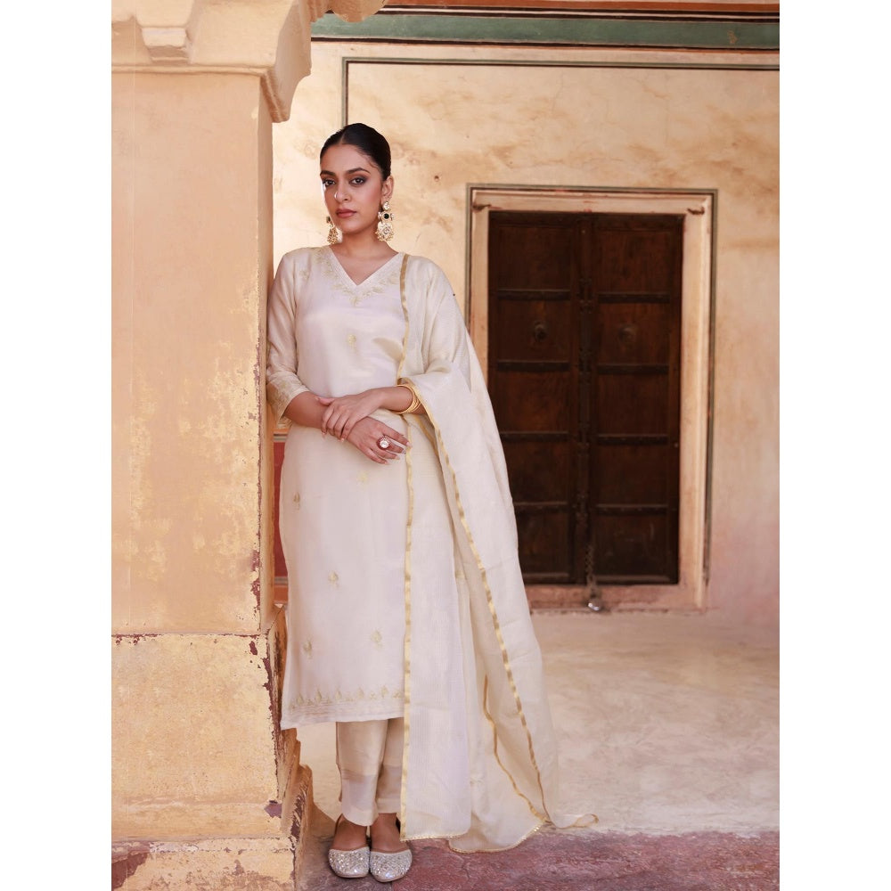Bannhi Ivory Gold Embroidered Tissue Kurta With Pant and Dupatta