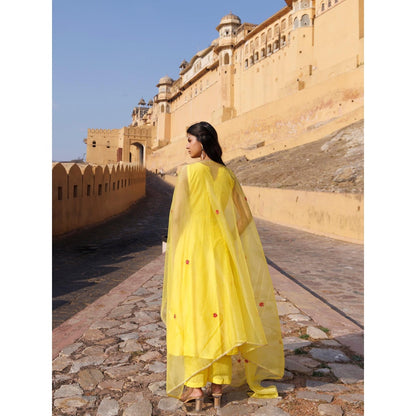 Bannhi Yellow Kesar Gul Chanderi Anarkali With Pant and Dupatta