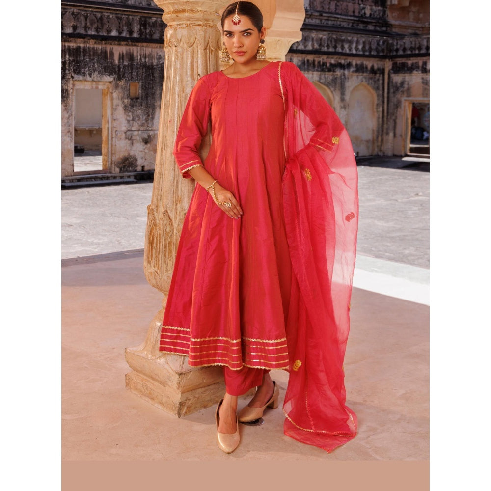 Bannhi Pink Raw Silk, Gota Patti Work Anarkali With Pant and Dupatta