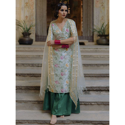 Baaro Masi Pista Green Floral Printed Palazzo Suit with Organza Dupatta (Set of 3)