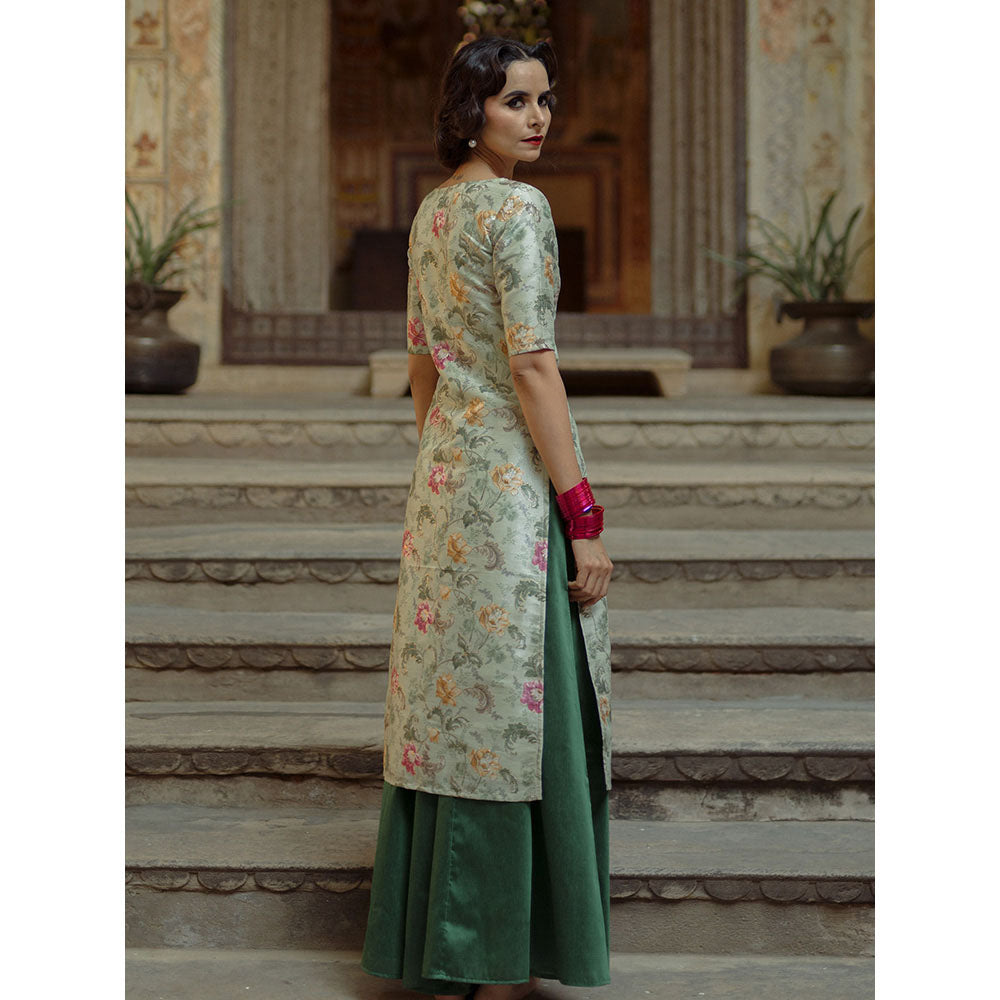 Baaro Masi Pista Green Floral Printed Palazzo Suit with Organza Dupatta (Set of 3)