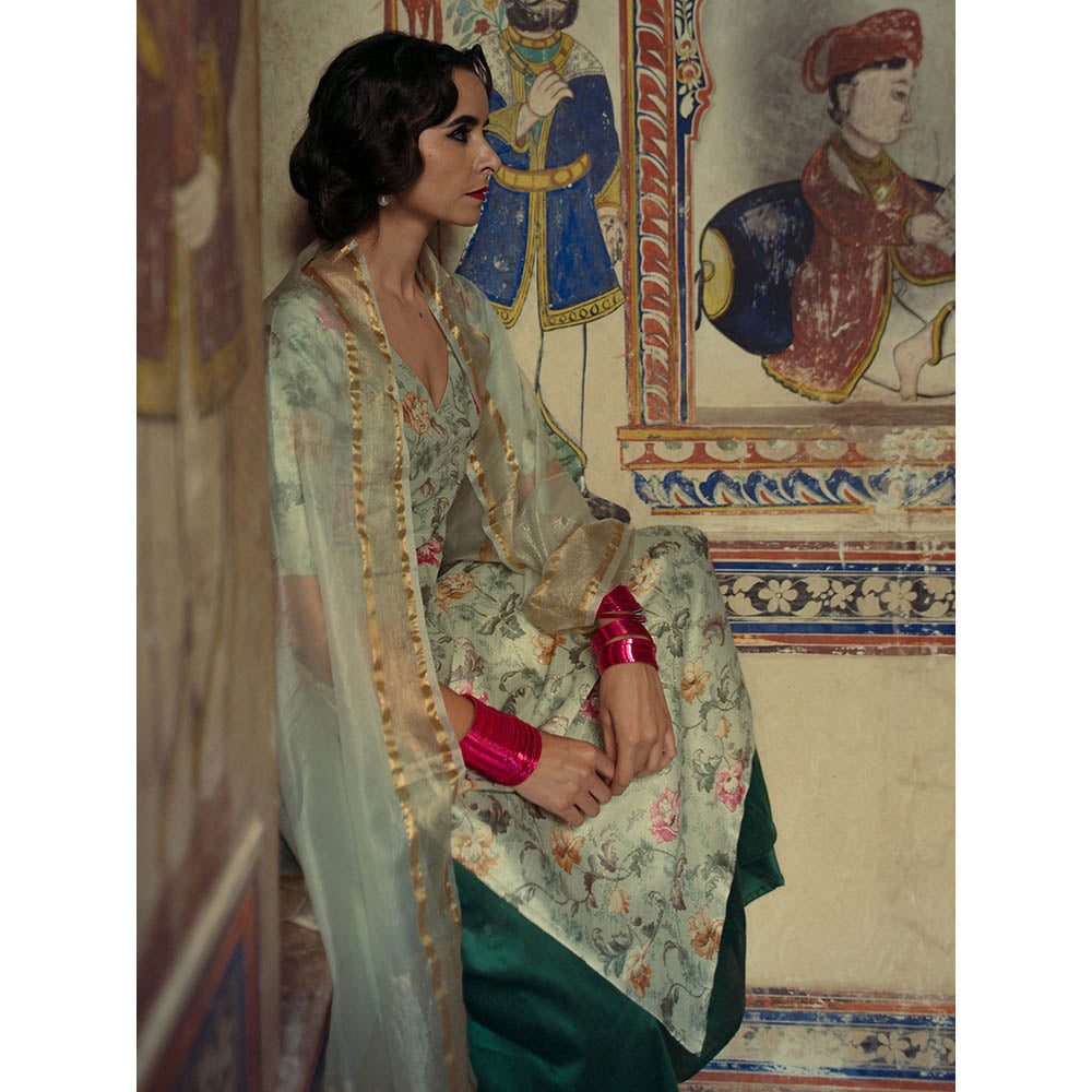 Baaro Masi Pista Green Floral Printed Palazzo Suit with Organza Dupatta (Set of 3)