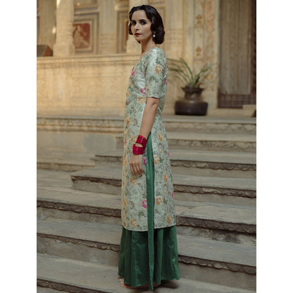 Baaro Masi Pista Green Floral Printed Palazzo Suit with Organza Dupatta (Set of 3)