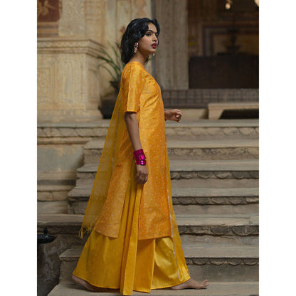 Baaro Masi Yellow Brocade Palazzo Suit with Organza Dupatta (Set of 3)