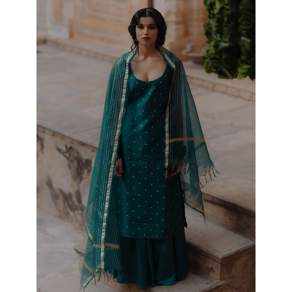 Baaro Masi Teal Brocade Kurta with Skirt & Organza Dupatta (Set of 3)