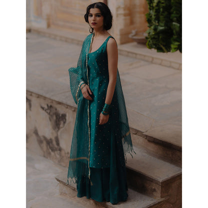 Baaro Masi Teal Brocade Kurta with Skirt & Organza Dupatta (Set of 3)