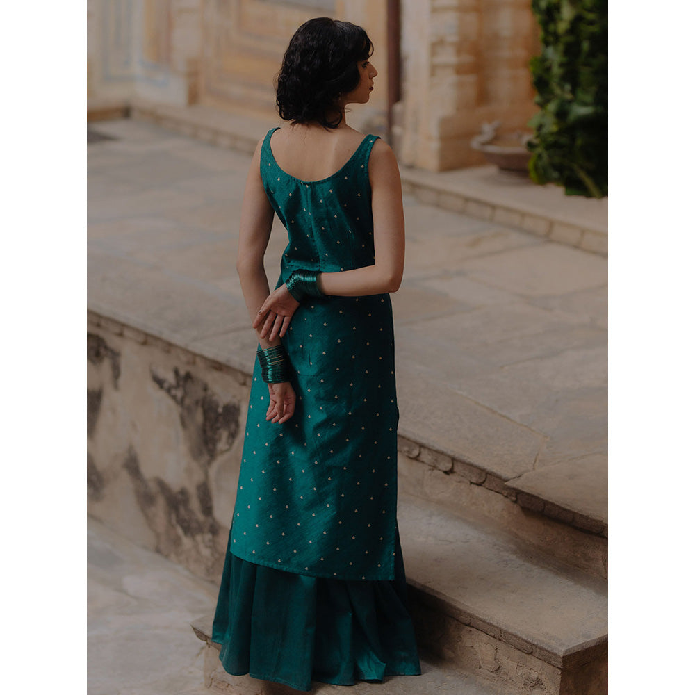Baaro Masi Teal Brocade Kurta with Skirt & Organza Dupatta (Set of 3)