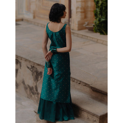 Baaro Masi Teal Brocade Kurta with Skirt & Organza Dupatta (Set of 3)