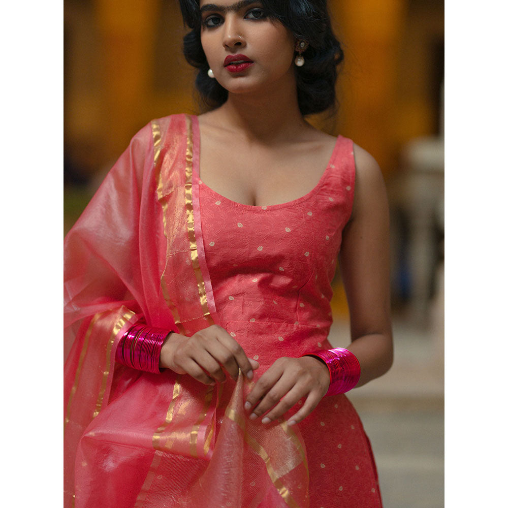 Baaro Masi Rose Pink Brocade Kurta with Skirt & Organza Dupatta (Set of 3)