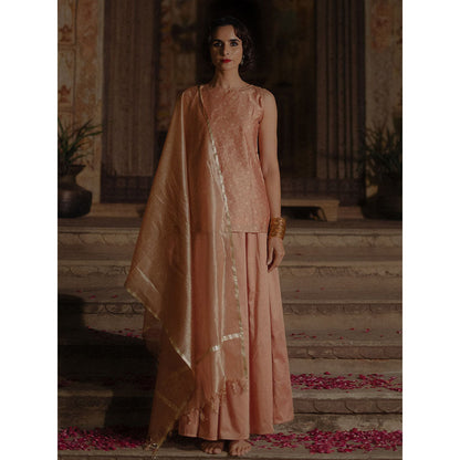 Baaro Masi Peach Brocade Short Kurta with Skirt & Organza Dupatta (Set of 3)