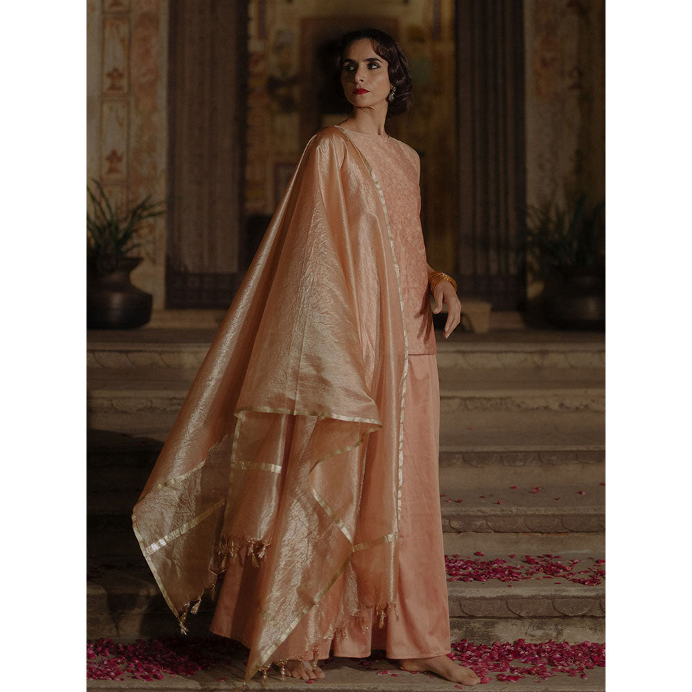 Baaro Masi Peach Brocade Short Kurta with Skirt & Organza Dupatta (Set of 3)