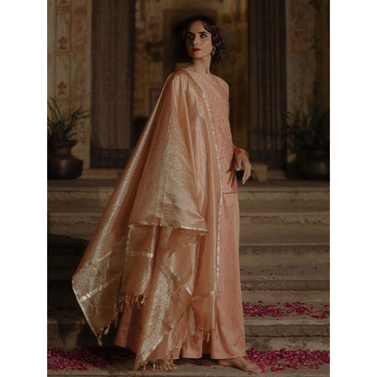 Baaro Masi Peach Brocade Short Kurta with Skirt & Organza Dupatta (Set of 3)