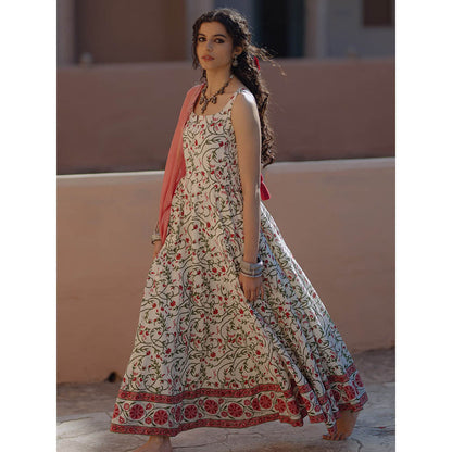 Baaro Masi Pink & Cream Muslin Printed Anarkali Suit with Chanderi Dupatta (Set of 3)