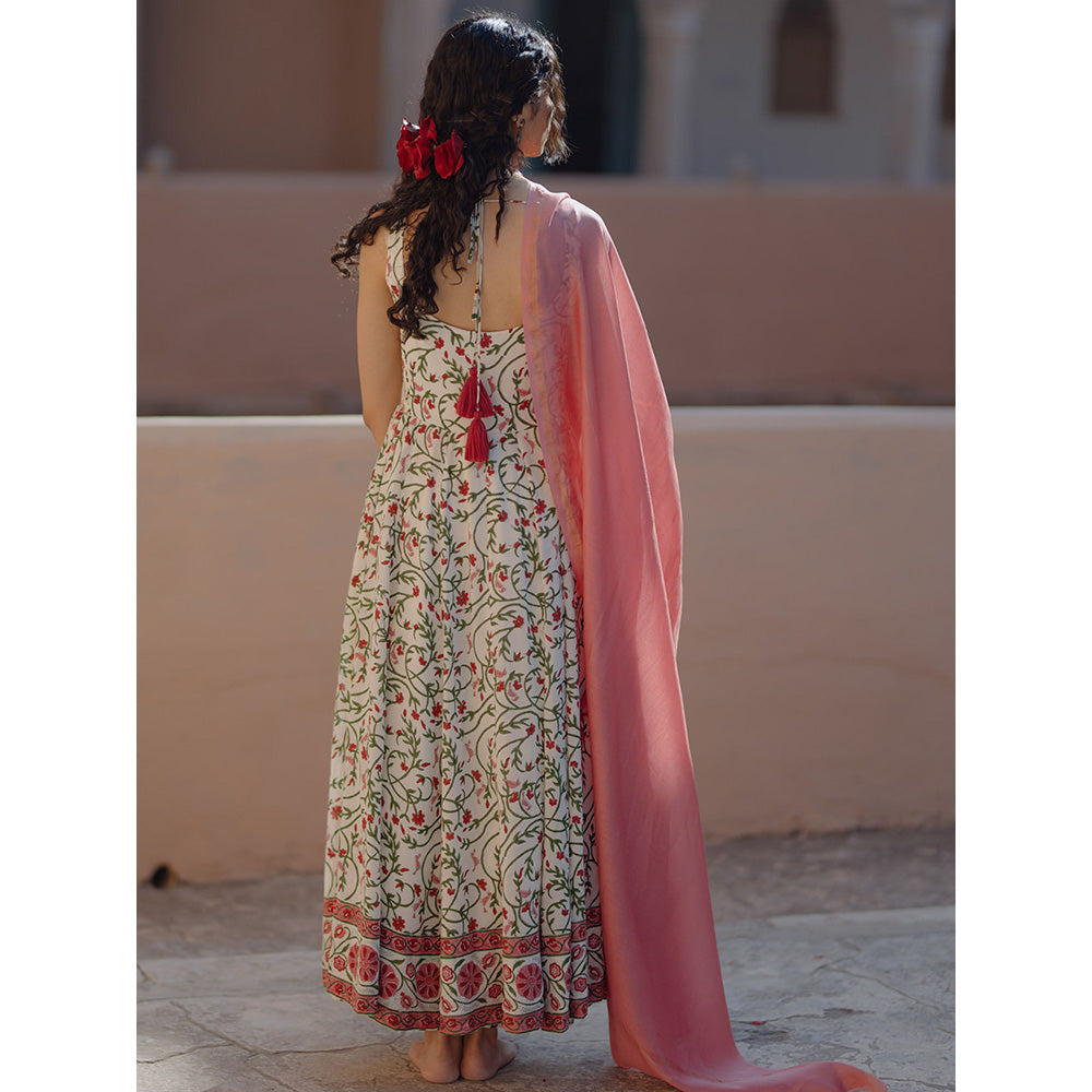Baaro Masi Pink & Cream Muslin Printed Anarkali Suit with Chanderi Dupatta (Set of 3)