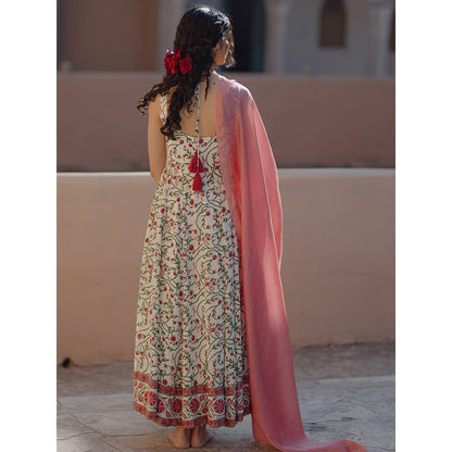 Baaro Masi Pink & Cream Muslin Printed Anarkali Suit with Chanderi Dupatta (Set of 3)