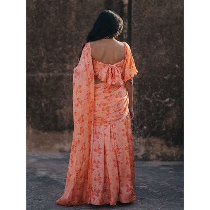 Baaro Masi Light Coral Vegan Satin Draped Saree with Stitched Blouse