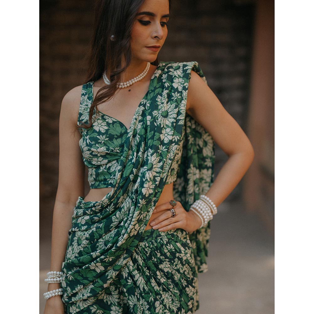 Baaro Masi Dark Green Modal Printed Draped Saree with Stitched Blouse