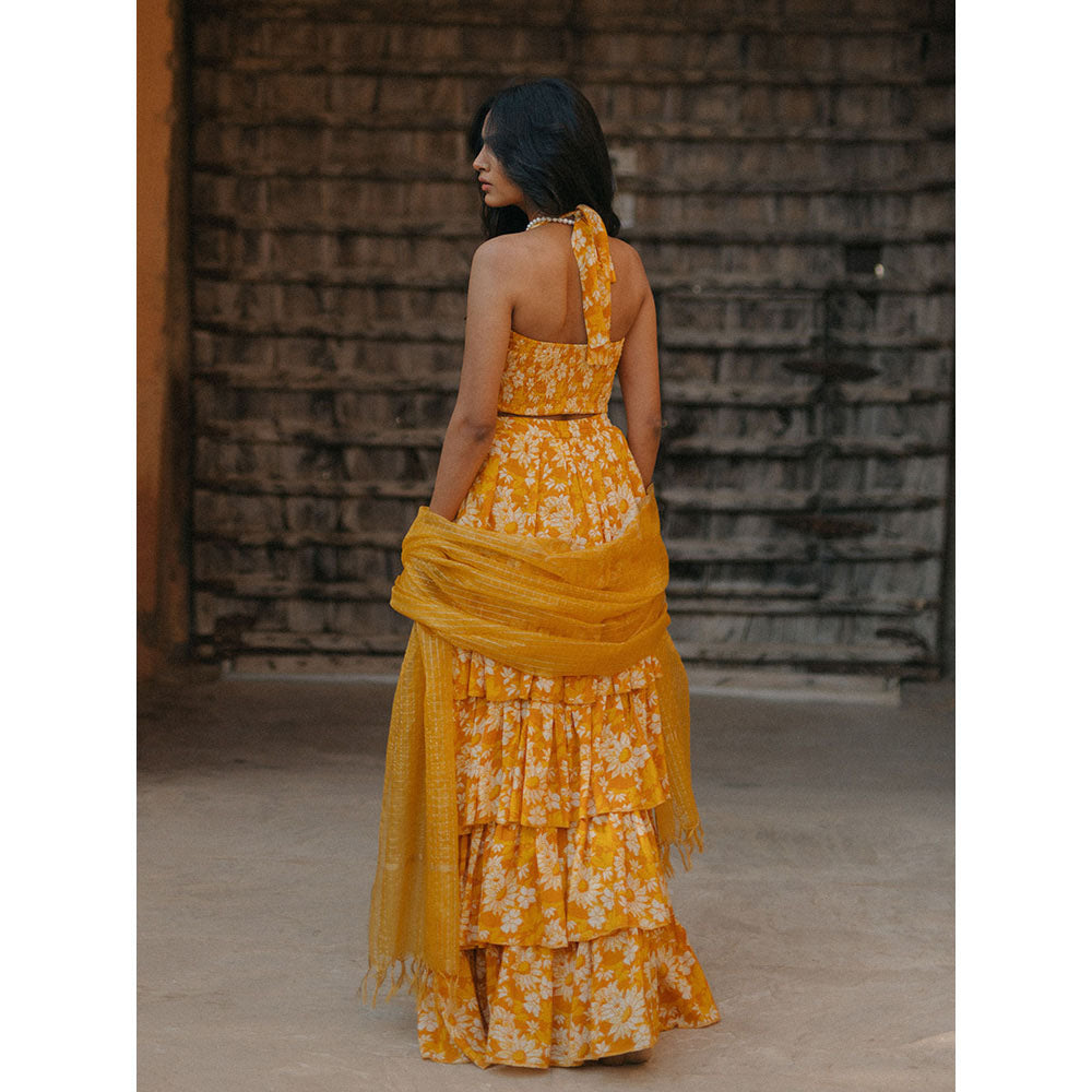 Baaro Masi Yellow Modal Printed Lehnga with Organza Dupatta (Set of 3)