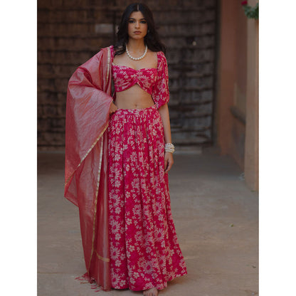 Baaro Masi Pink Modal Printed Lehnga with Organza Dupatta (Set of 3)
