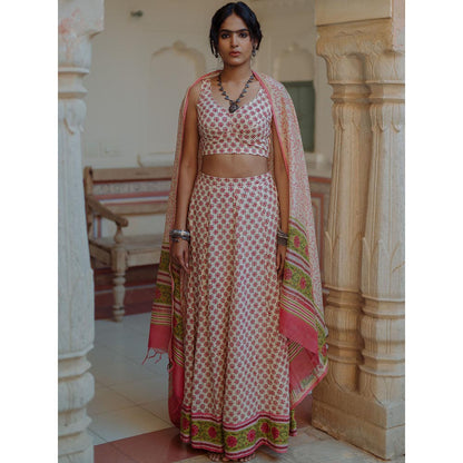 Baaro Masi Pink & Cream Muslin Handblock Printed Lehnga with Chanderi Dupatta (Set of 3)
