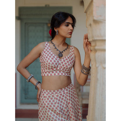 Baaro Masi Pink & Cream Muslin Handblock Printed Lehnga with Chanderi Dupatta (Set of 3)