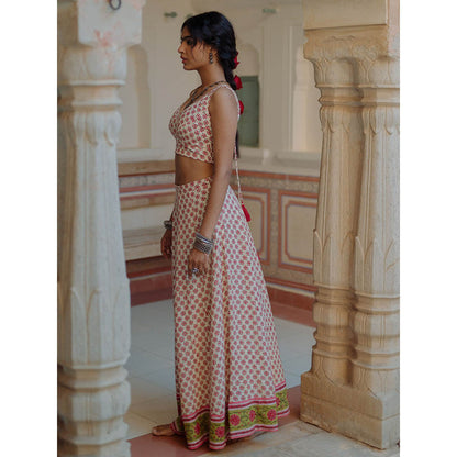 Baaro Masi Pink & Cream Muslin Handblock Printed Lehnga with Chanderi Dupatta (Set of 3)