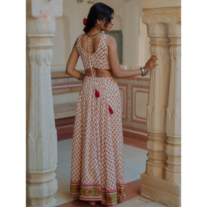 Baaro Masi Pink & Cream Muslin Handblock Printed Lehnga with Chanderi Dupatta (Set of 3)