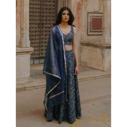 Baaro Masi Midnight Blue Embroidered Lehnga with Organza Dupatta (Set of 3)
