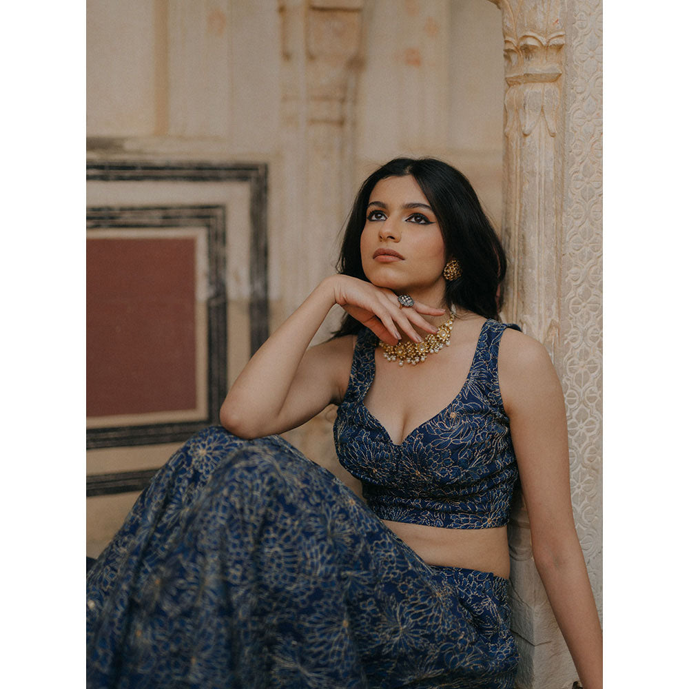 Baaro Masi Midnight Blue Embroidered Lehnga with Organza Dupatta (Set of 3)