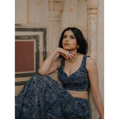 Baaro Masi Midnight Blue Embroidered Lehnga with Organza Dupatta (Set of 3)
