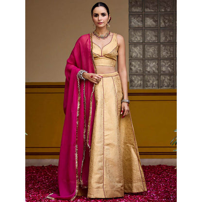 Baaro Masi Golden Brocade Lehenga with Blouse and Dupatta (Set of 3)