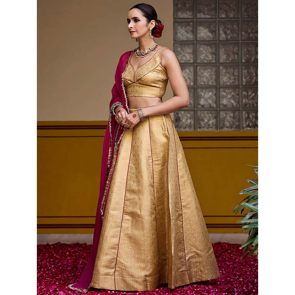 Baaro Masi Golden Brocade Lehenga with Blouse and Dupatta (Set of 3)