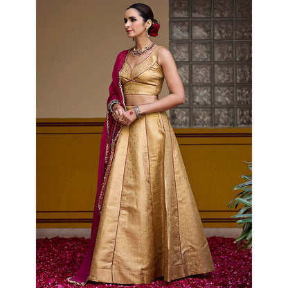 Baaro Masi Golden Brocade Lehenga with Blouse and Dupatta (Set of 3)