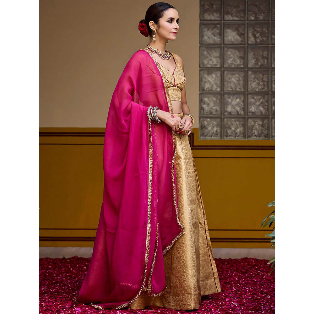 Baaro Masi Golden Brocade Lehenga with Blouse and Dupatta (Set of 3)
