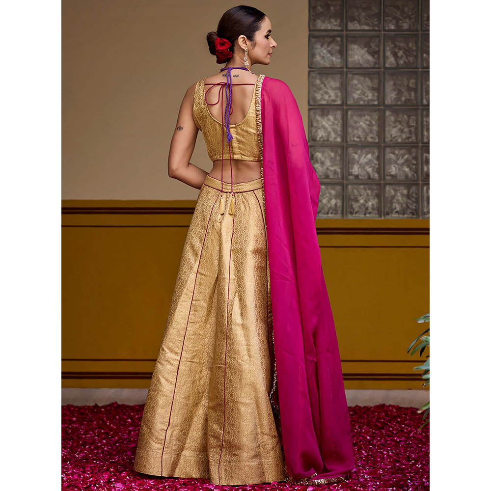Baaro Masi Golden Brocade Lehenga with Blouse and Dupatta (Set of 3)