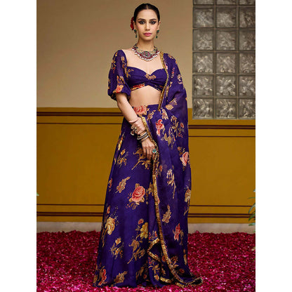 Baaro Masi Purple Floral Lehenga with Blouse and Dupatta (Set of 3)