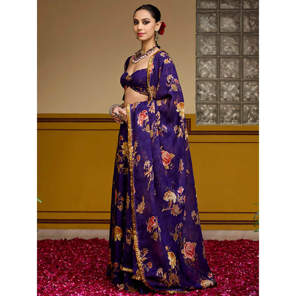 Baaro Masi Purple Floral Lehenga with Blouse and Dupatta (Set of 3)