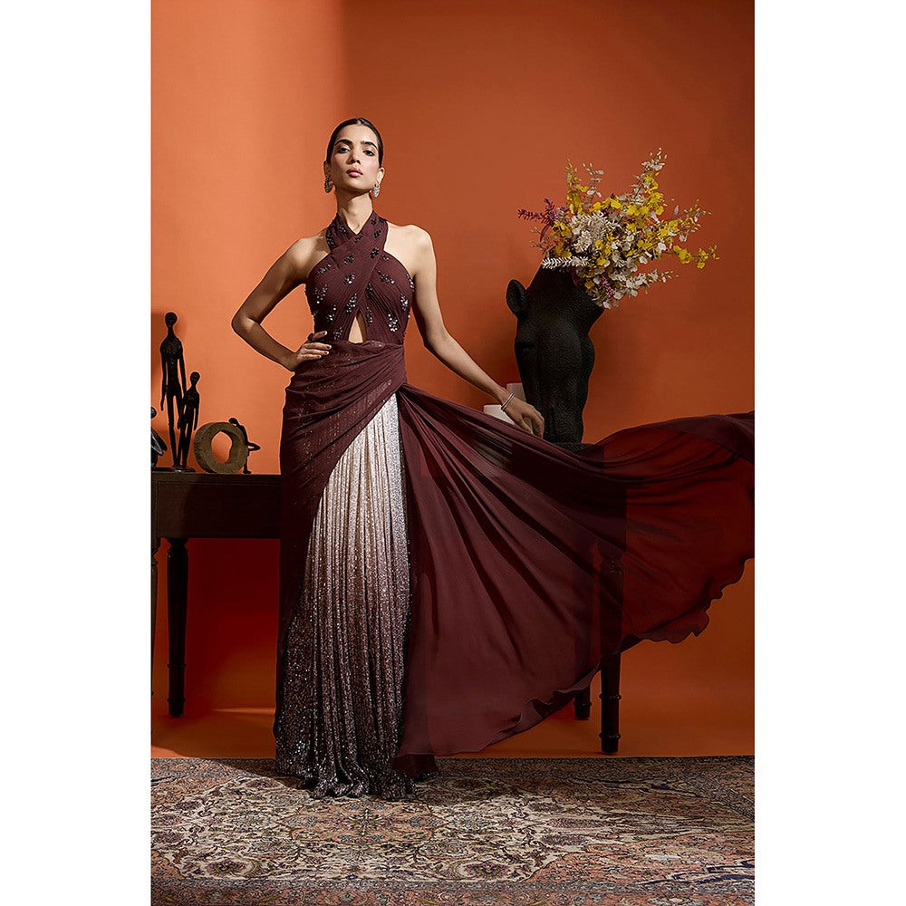 BABITA M Wine Halter Ombre Drape Gown