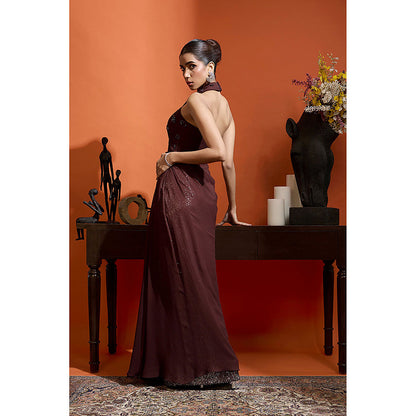 BABITA M Wine Halter Ombre Drape Gown