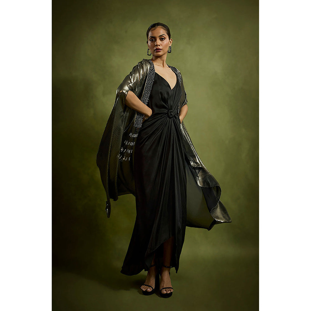 BABITA M Black Sculpted Knot Dress With An Embossed Cape (Set of 2)