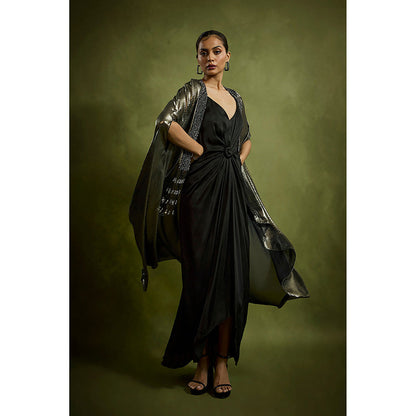 BABITA M Black Sculpted Knot Dress With An Embossed Cape (Set of 2)