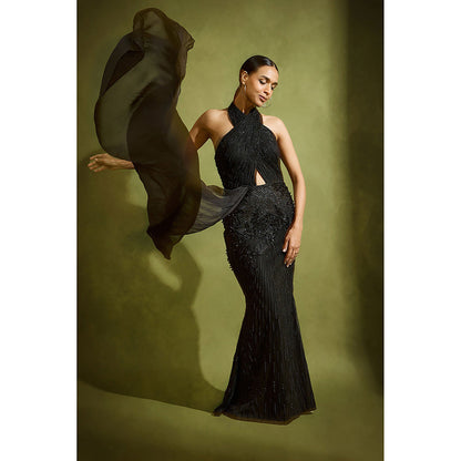 BABITA M Black Noir Tulle Fishtail Gown