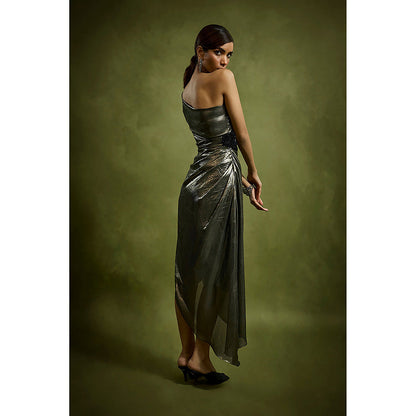 BABITA M Grey One Shoulder Pleated Metallic Foil Dress